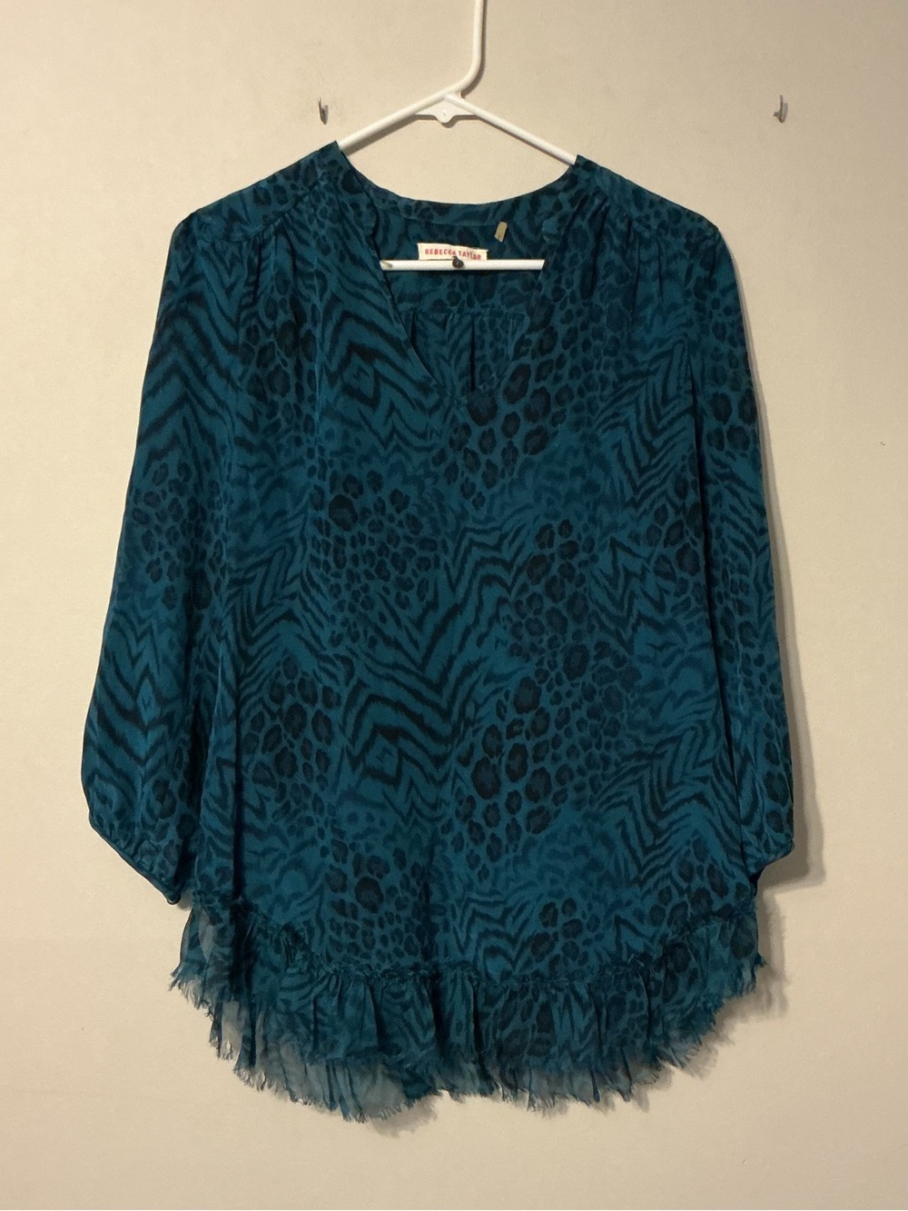 Rebecca Taylor Teal Animal-Print Ruffle-Hem Silk Top